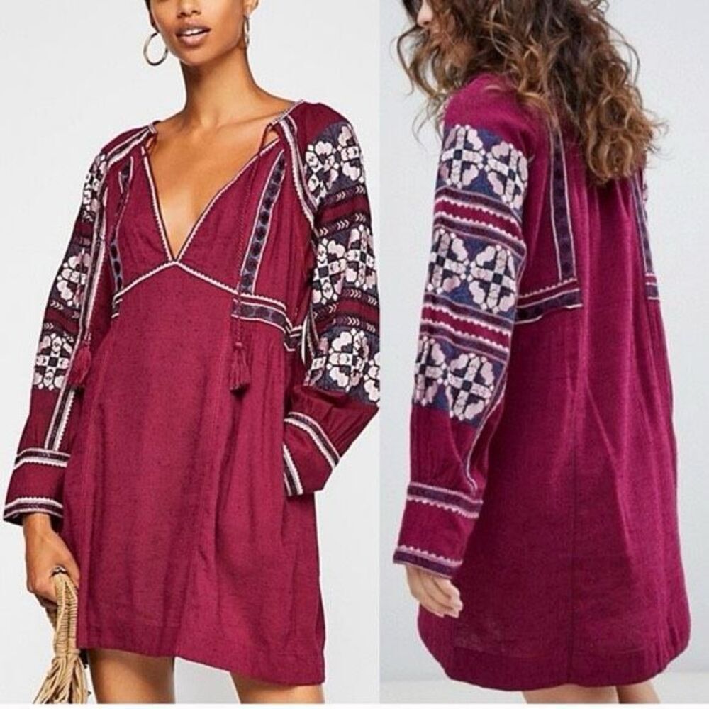 Free People All My Life Mini Dress Plum Slub Knit Embroidered Size S Oversized